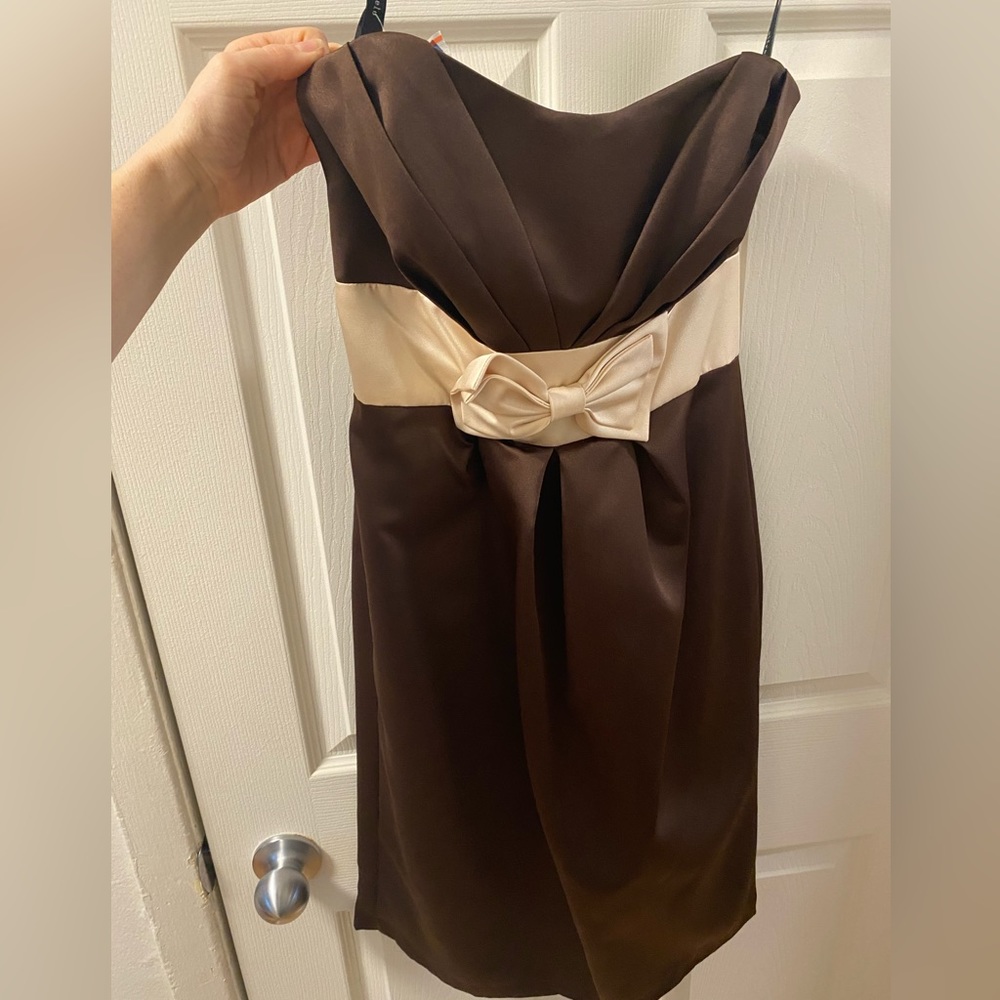 Brown and champagne strapless satin dress. NWT